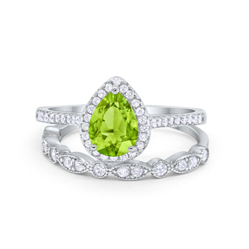 Teardrop Bridal Piece Wedding Ring Simulated Peridot CZ Art Deco Band 925 Sterling Silver